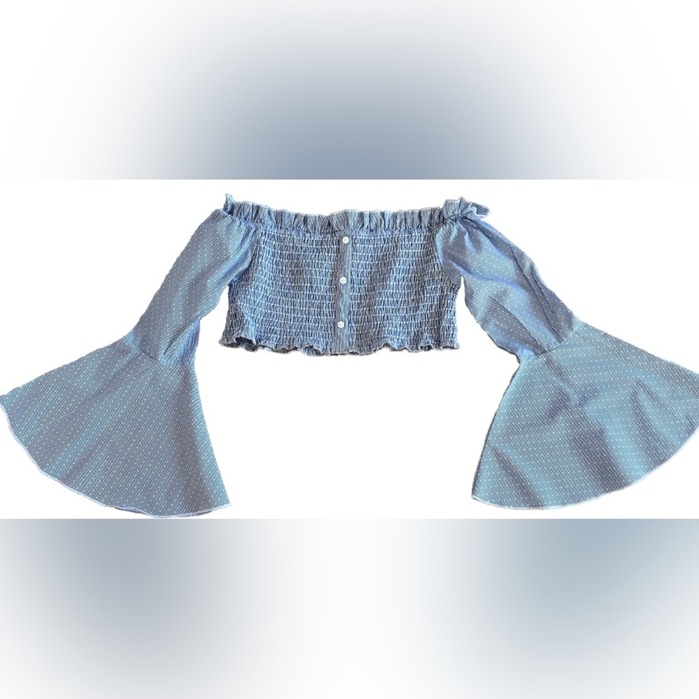 ROMEO + JULIET COUTURE Off The Shoulder Blue White Striped Bell Sleeve Blouse S
